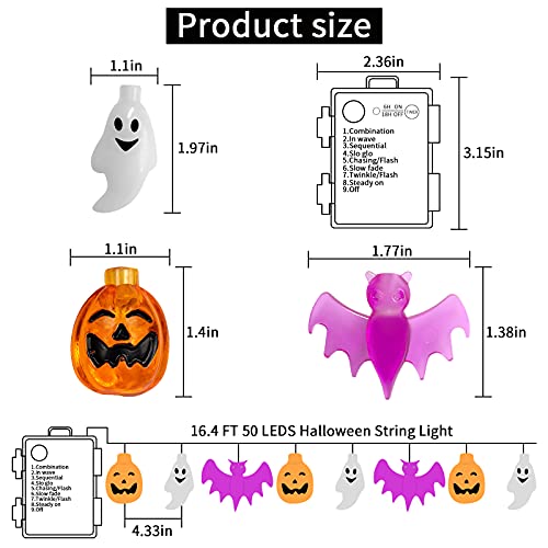 TMXP Halloween String Lights, 16.4ft 50 LEDs Halloween Decoration Lights ,3 in 1 Battery Powered with 8 Lighting Modes for Window Porch Stair Indoor and Outdoor Halloween Decor (3 in 1), White