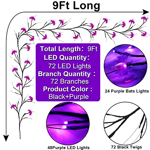 TURNMEON [Extra Long] 9 Ft 72 LED Halloween Willow Vine Twig Decor Garland with 24 Purple Bats Lights Timer 8 Modes Waterproof Battery Operated Halloween Decorations Home Wall Fireplace (Purple Bats)
