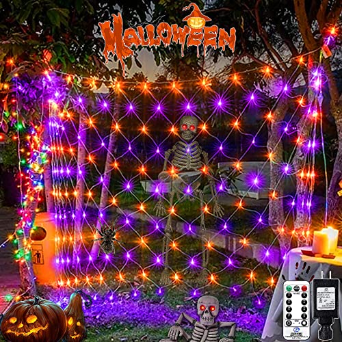 Heceltt Halloween Lights Outdoor, 200LED 9.8X6.6ft Net Lights Halloween Decorations 8 Modes Plug in with Remote for Bush Fence Garden Roof Xmas Indoor Outdoor (Purple and Orange)