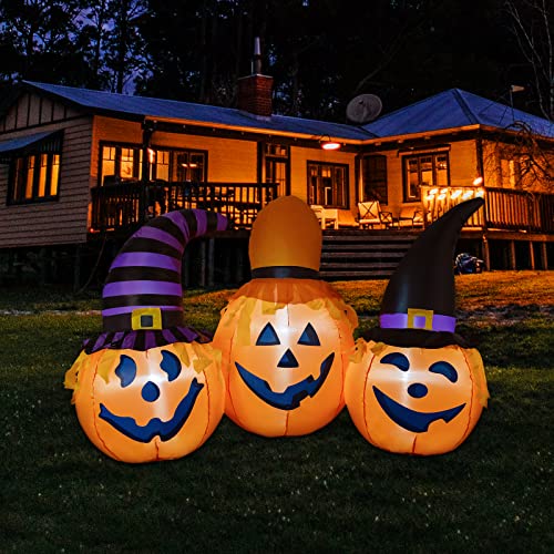 GOOSH 6.56ft Halloween Inflatables Outdoor Pumpkin Combo with Wizard hat Blow Up Yard Decoration Clearance with LED Lights Built-in for Holiday Party Yard Garden