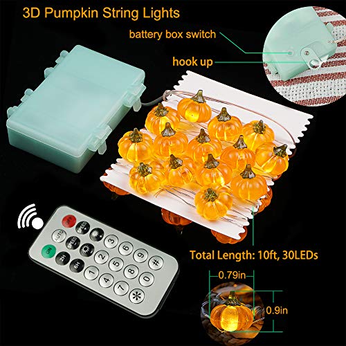 BOHON Halloween Lights 3D Jack-o-Lantern 10ft 30 LEDs Pumpkin String Lights Battery Powered Orange Lights for Halloween Party Indoor Fall Outdoor Harvest Thanksgiving Decorations