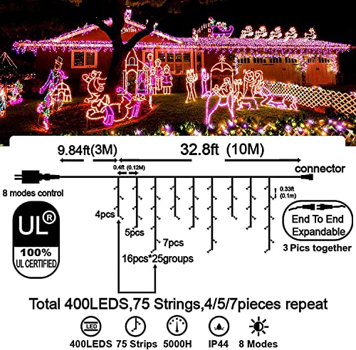Hezbjiti Halloween Lights Decorations Outdoor Orange & Purple 400 LED 32.8 FT 8 Modes 75 Drops Fairy String Curtain Lights for Halloween Decor Eaves Window Party Yard Garden Indoor