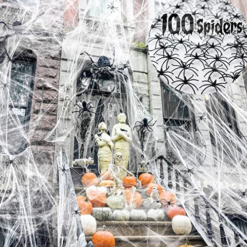 1200 sqft Spider Webs Halloween Decorations, Super Stretch DIY Mega Cobwebs White Webbing with 100 Plastic Fake Spiders Spooky Haunted House Yard Lawn Patio Tablecover Home Office Tree Creepy Scene Props Indoor Outdoor Decor Halloween Party Supplies (300g/10.58 oz)