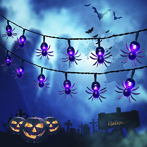 Qunlight Halloween Solar String Lights, 2Pack 30 LED 20ft Purple Spider String Lights with 8 MODES Waterproof Fairy Lights for Halloween Party Decor, Halloween Lighting, House, Garden, Yard Decoration