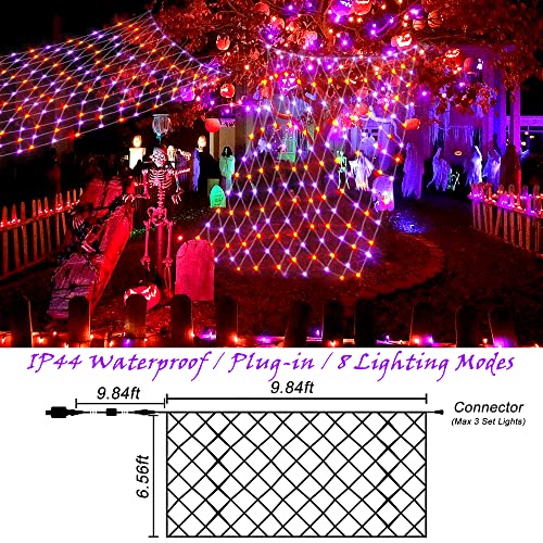 Heceltt Halloween Lights Outdoor, 200LED 9.8X6.6ft Net Lights Halloween Decorations 8 Modes Plug in with Remote for Bush Fence Garden Roof Xmas Indoor Outdoor (Purple and Orange)
