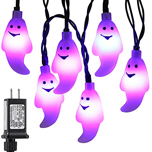 RECESKY 60 LED Halloween String Lights - 19.4ft Purple Ghost String Light with 30v Plug in, Extendable 8 Modes Halloween Lighting for Outdoor Garden Yard House Bedroom Halloween Party Decorations