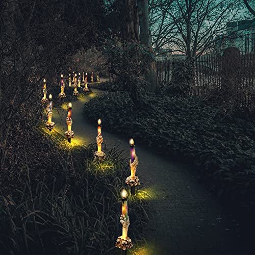 Halloween Decorations, HOUNE Lighted Skeleton Hands Hold Candle With Stakes, 15 LED Warm White Lights Waterproof Battery Operated with Timer, Light Up for Halloween Party, Indoor Outdoor Decor(5 Pack)