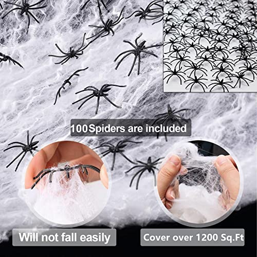 1200 sqft Spider Webs Halloween Decorations, Super Stretch DIY Mega Cobwebs White Webbing with 100 Plastic Fake Spiders Spooky Haunted House Yard Lawn Patio Tablecover Home Office Tree Creepy Scene Props Indoor Outdoor Decor Halloween Party Supplies (300g/10.58 oz)