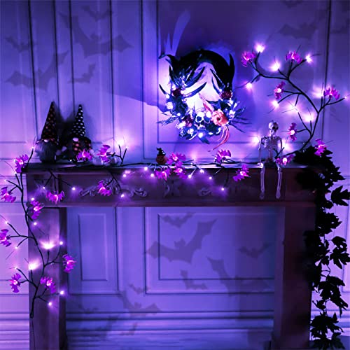 TURNMEON [Extra Long] 9 Ft 72 LED Halloween Willow Vine Twig Decor Garland with 24 Purple Bats Lights Timer 8 Modes Waterproof Battery Operated Halloween Decorations Home Wall Fireplace (Purple Bats)