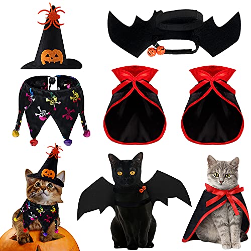 5 Pieces Pet Cat Halloween Costume Small Dog Vampire Cloak Bat Pumpkin Witch Hat with Adjustable Strap Skeleton Dog Bib Collar with Bells for Pet Cat Halloween Bloody Zombie Party Clothing Decor