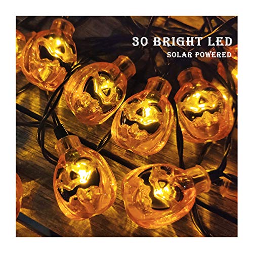 Halloween Pumpkin String Lights Eurus Home 20 ft 30 LED Halloween Lights | Solar Powered Pumpkin Lights with 8 Lighting Modes Jack-O-Lantern Decorative Lights for Indoor Outdoor Halloween Party IP65