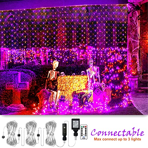 Heceltt Halloween Lights Outdoor, 200LED 9.8X6.6ft Net Lights Halloween Decorations 8 Modes Plug in with Remote for Bush Fence Garden Roof Xmas Indoor Outdoor (Purple and Orange)