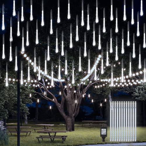 PGFUN Meteor Shower Rain Lights 12.2 inch 12 Tubes 288 LEDs Christmas Snow Falling Icicle LED String Lights Cascading Lighting for Halloween Wedding Garden Trees Patio Decoration (White)