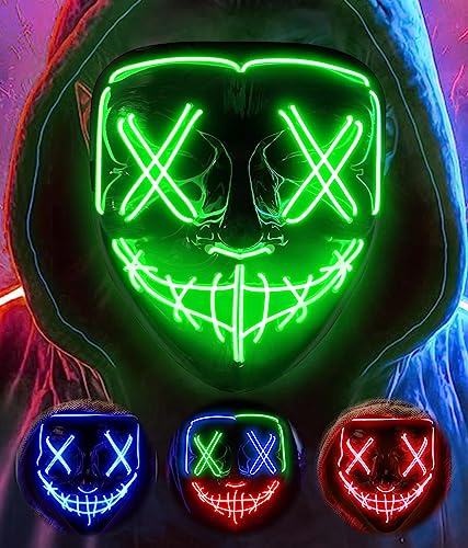 Colplay LED Light Up Halloween Mask,Scary Glow LED Face Mask with 3 lighting Modes & El Wire for Costume&Cosplay Party.Adjustable&Eco-Friendly Material for Men Women Kid-GREEN