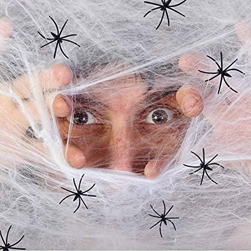 1200 sqft Spider Webs Halloween Decorations, Super Stretch DIY Mega Cobwebs White Webbing with 100 Plastic Fake Spiders Spooky Haunted House Yard Lawn Patio Tablecover Home Office Tree Creepy Scene Props Indoor Outdoor Decor Halloween Party Supplies (300g/10.58 oz)
