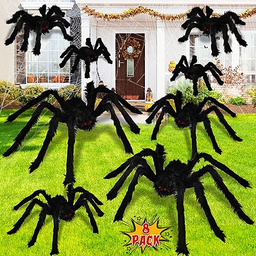 Dreampark Halloween Spider Decorations, 8 Pcs Realistic Hairy Spiders Set, Scary Spider Props for Indoor, Outdoor and Yard Creepy Decor