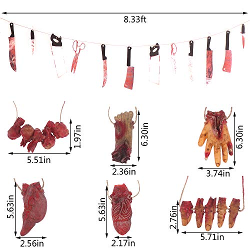 Omigga 18 pcs Halloween Props Decorations Blood Weapon Garland Banner Hand Broken Body Parts Fake Scary Blood Props for Halloween Party Haunted Houses Decorations，6 Body Parts +12 Weapon