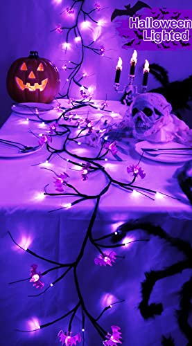 TURNMEON [Extra Long] 9 Ft 72 LED Halloween Willow Vine Twig Decor Garland with 24 Purple Bats Lights Timer 8 Modes Waterproof Battery Operated Halloween Decorations Home Wall Fireplace (Purple Bats)