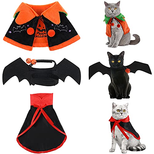 4 Pcs Pet Cat Halloween Costume Dog Vampire Cloak Reversible Cute Cat Pumpkin Cape Bat Wings with Bells for Pet Dog Cat Cosplay Holiday Halloween Party Decor (Black, Red, Orange, Solid Pattern)