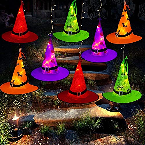 MZD8391 Halloween Decorations Lighted Witch Hats, 8Pcs Hanging Glowing Witch Hats 44ft Halloween Outdoor Lights String with 8 Lighting Modes for Outdoor, Garden, Yard, Tree