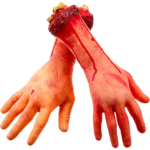 Gejoy 2 Pack Fake Human Severed Arm Hands Terror Bloody Dead Body Parts Decorations for Halloween Parties and Cosplay