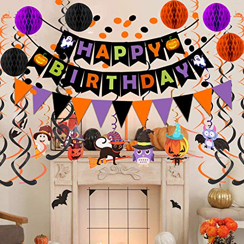 Happy Birthday Banner Paper Triangle Flag Bunting Circle Confetti Dots Hanging Garland Honeycomb Ball Swirl Streamers for Halloween theme party Birthday party Decoration