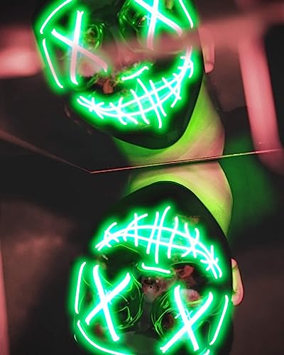 Colplay LED Light Up Halloween Mask,Scary Glow LED Face Mask with 3 lighting Modes & El Wire for Costume&Cosplay Party.Adjustable&Eco-Friendly Material for Men Women Kid-GREEN