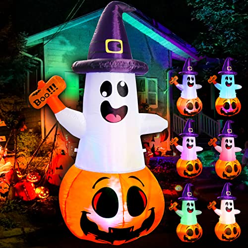 fotako 5FT Halloween Inflatables Decorations Outdoor Pumpkin Ghost with Multi-Color Flashing Build-in LED Blow Up Yard Decor Inflatables Clearance for Halloween Party Indoor Outdoor Yard Garden Lawn