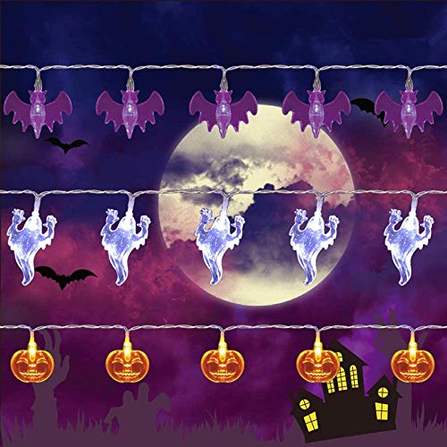 Twinkle Star Halloween String Lights, Set of 3 Total 90 LED 35.4 FT Purple Bat, White Ghost, Orange Pumpkin String Lights Battery Operated Indoor Party Bedroom Home Festival Decoration