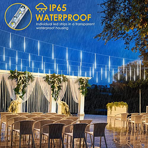 PGFUN Meteor Shower Rain Lights 12.2 inch 12 Tubes 288 LEDs Christmas Snow Falling Icicle LED String Lights Cascading Lighting for Halloween Wedding Garden Trees Patio Decoration (White)