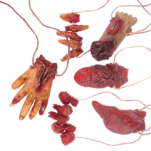 Omigga 18 pcs Halloween Props Decorations Blood Weapon Garland Banner Hand Broken Body Parts Fake Scary Blood Props for Halloween Party Haunted Houses Decorations，6 Body Parts +12 Weapon