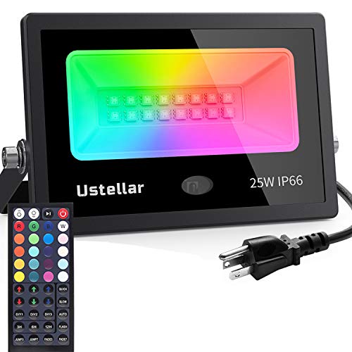 Ustellar 25w RGB LED Flood Light Color Changing Indoor Floodlight Colored Up Light IP66 Waterproof Dimmable RGB Spotlight for Room House Wall Yard Halloween Light Christmas Lighting Outdoor Decoration