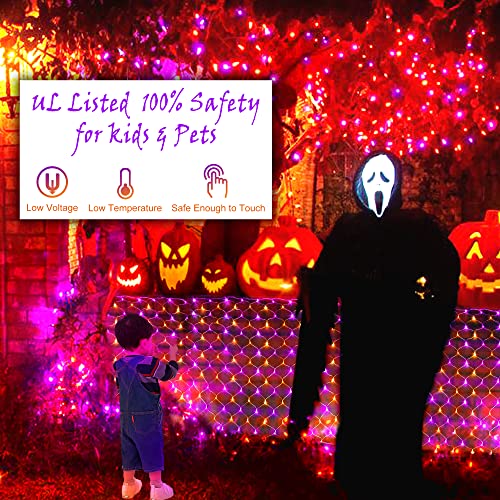 Heceltt Halloween Lights Outdoor, 200LED 9.8X6.6ft Net Lights Halloween Decorations 8 Modes Plug in with Remote for Bush Fence Garden Roof Xmas Indoor Outdoor (Purple and Orange)