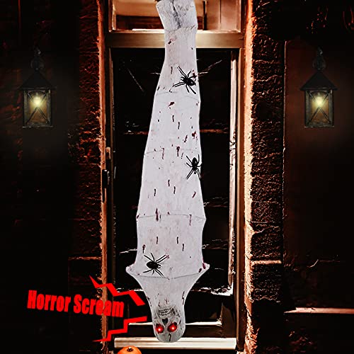 Ogrmar 71 Inch Halloween Decorations Cocoon Corpse, Scary Mummy Hanging Props with Realistic Skull, Fake Spider, Motion Sensored LED Glowing Eyes and Creepy Sound for Halloween Party Decor