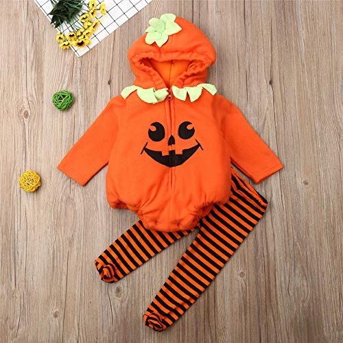 Infant Toddler Baby Girls Boys Halloween Pumpkin Costumes Cute Hooded Romper Top Leggings Pants Outfit Clothes Set (12-18 Months, Orange Hoodie+stripe Pants)