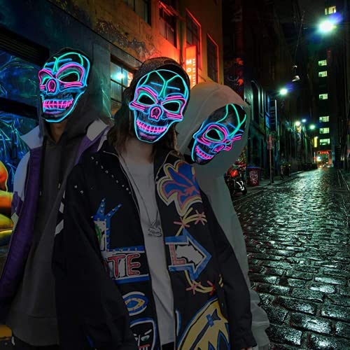 LUKAT LED Halloween Mask, Scary Halloween Costume Mask with EL Wire Light up 3 Flashing-Modes and Soft Sponge for Halloween Cosplay Costume Masquerade Parties, Carnival, Gifts