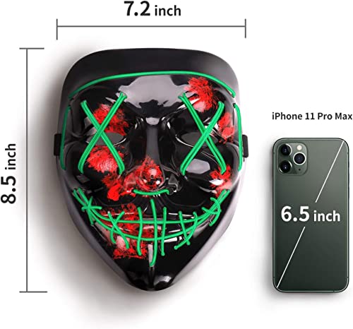 Colplay LED Light Up Halloween Mask,Scary Glow LED Face Mask with 3 lighting Modes & El Wire for Costume&Cosplay Party.Adjustable&Eco-Friendly Material for Men Women Kid-GREEN