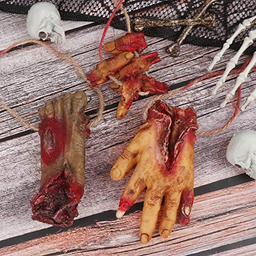 Omigga 18 pcs Halloween Props Decorations Blood Weapon Garland Banner Hand Broken Body Parts Fake Scary Blood Props for Halloween Party Haunted Houses Decorations，6 Body Parts +12 Weapon