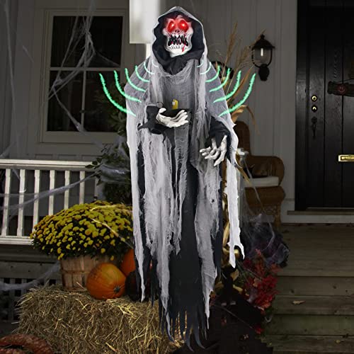 Halloween Hanging Ghost, 5.7 Ft Large Life size Halloween Prop Skull with LED Glowing Eyes and Creepy Shrilling Sound Scary Grim Reaper with Detachable Bendable Arms Perfect for Halloween Party Decor