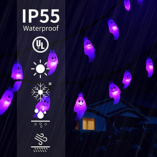 RECESKY 60 LED Halloween String Lights - 19.4ft Purple Ghost String Light with 30v Plug in, Extendable 8 Modes Halloween Lighting for Outdoor Garden Yard House Bedroom Halloween Party Decorations