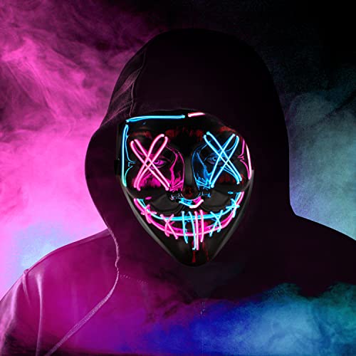Halloween Mask LED Light up EL Wire Purge Scary Mask Cosplay for Festival Parties Masquerade Parties for Kids Men Women(Blue-purple)