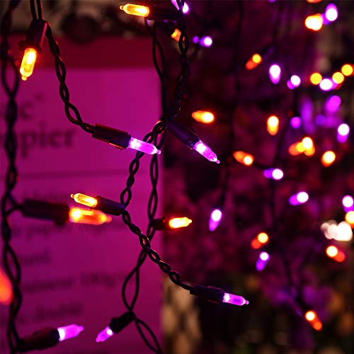 RECESKY 100 LED Halloween Icicle Lights - 7.7ft Purple Orange Curtain String Lights with 30v Plug in for Outdoor Garden House Window Decor - Extendable Halloween Lighting, Halloween Party Decorations