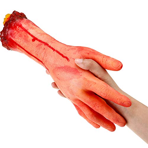 Gejoy 2 Pack Fake Human Severed Arm Hands Terror Bloody Dead Body Parts Decorations for Halloween Parties and Cosplay