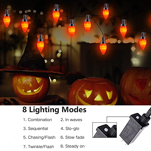 RECESKY C7 Halloween String Lights - 50 LED 24Ft Smooth Bulb Orange Light with 30v Adaptor - Extendable 8 Modes Fairy Lighting - Plug in Halloween Lights Bedroom House Halloween Party Decorations