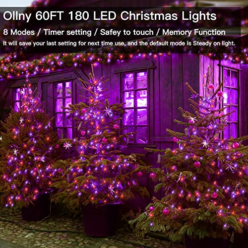 Ollny Halloween Lights Outdoor, 60 FT 180 LED Orange and Purple Halloween Decorations Lights, Waterproof String Fairy Lights Plug in, 8 Modes and Timer Lights for Party, Yard, Door, Christmas Decor
