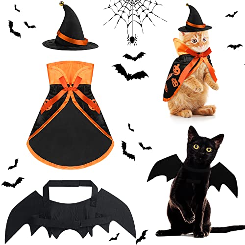 Frienda 3 Pieces Pet Halloween Vampire Costume Pet Bat Vampire Cloak Wizard Hat for Halloween Party, Pet Cosplay(Orange,Pumpkin)