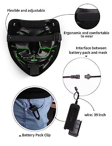 Colplay LED Light Up Halloween Mask,Scary Glow LED Face Mask with 3 lighting Modes & El Wire for Costume&Cosplay Party.Adjustable&Eco-Friendly Material for Men Women Kid-GREEN