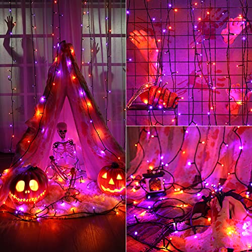 Orange & Purple Halloween Lights, 98.42ft 300 LED Orange Lights, Connectable 8 Modes Halloween String Lights, Plug in Twinkle Purple Halloween Lights Waterproof for Holiday Party Home Decor