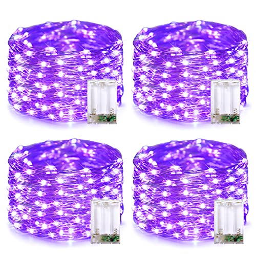 JMEXSUSS 4 Pack 50 LED Purple Fairy Lights Battery Operated, 16.1ft Silver Wire Mini Fairy Lights Waterproof, String Fairy Lights for Bedroom Indoor Patio Party Gifts Christmas Halloween Decoration