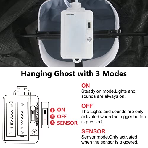 Halloween Hanging Ghost, 5.7 Ft Large Life size Halloween Prop Skull with LED Glowing Eyes and Creepy Shrilling Sound Scary Grim Reaper with Detachable Bendable Arms Perfect for Halloween Party Decor